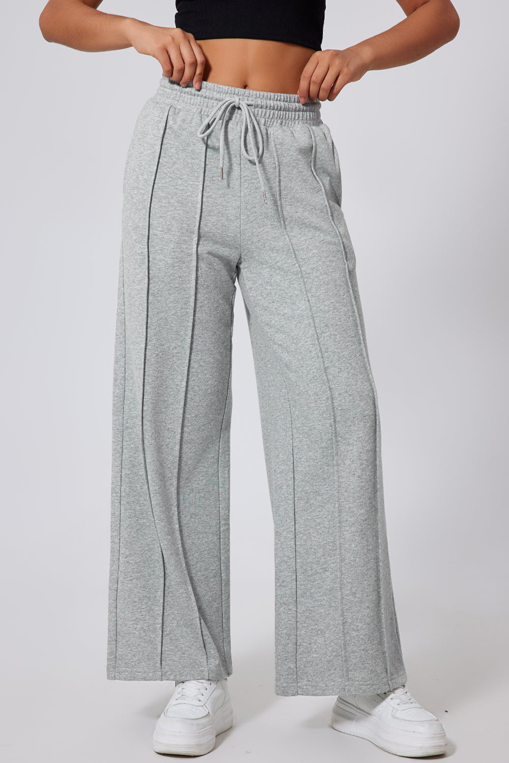 Black Seamed Drawstring High Waist Wide Leg Sweatpants-Bottoms/Pants & Culotte-[Adult]-[Female]-Gray-S-2022 Online Blue Zone Planet