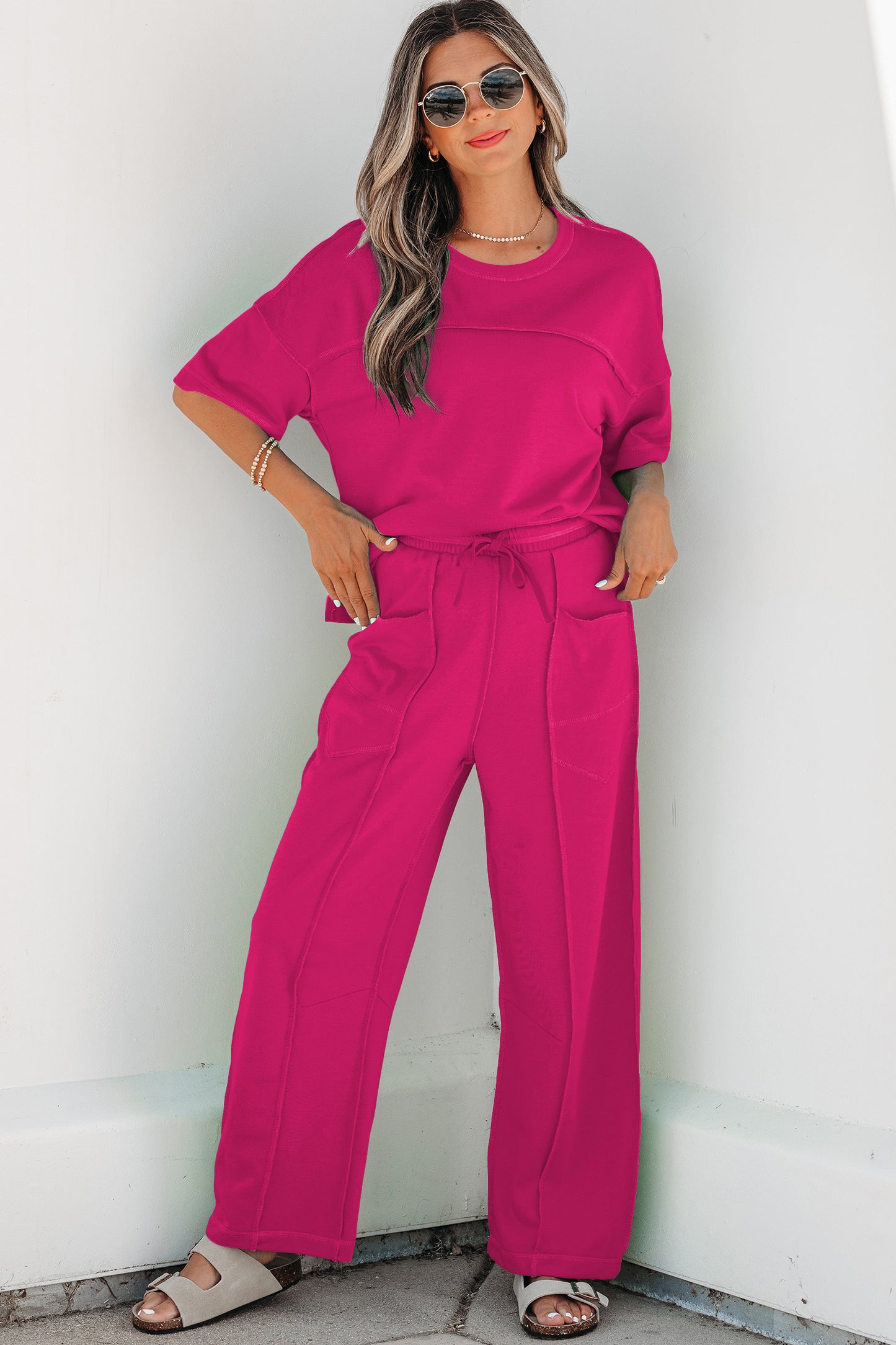 Sky Blue Drop Shoulder Boxy Tee and Barrel Pants Set-Two Piece Sets/Pant Sets-[Adult]-[Female]-2022 Online Blue Zone Planet