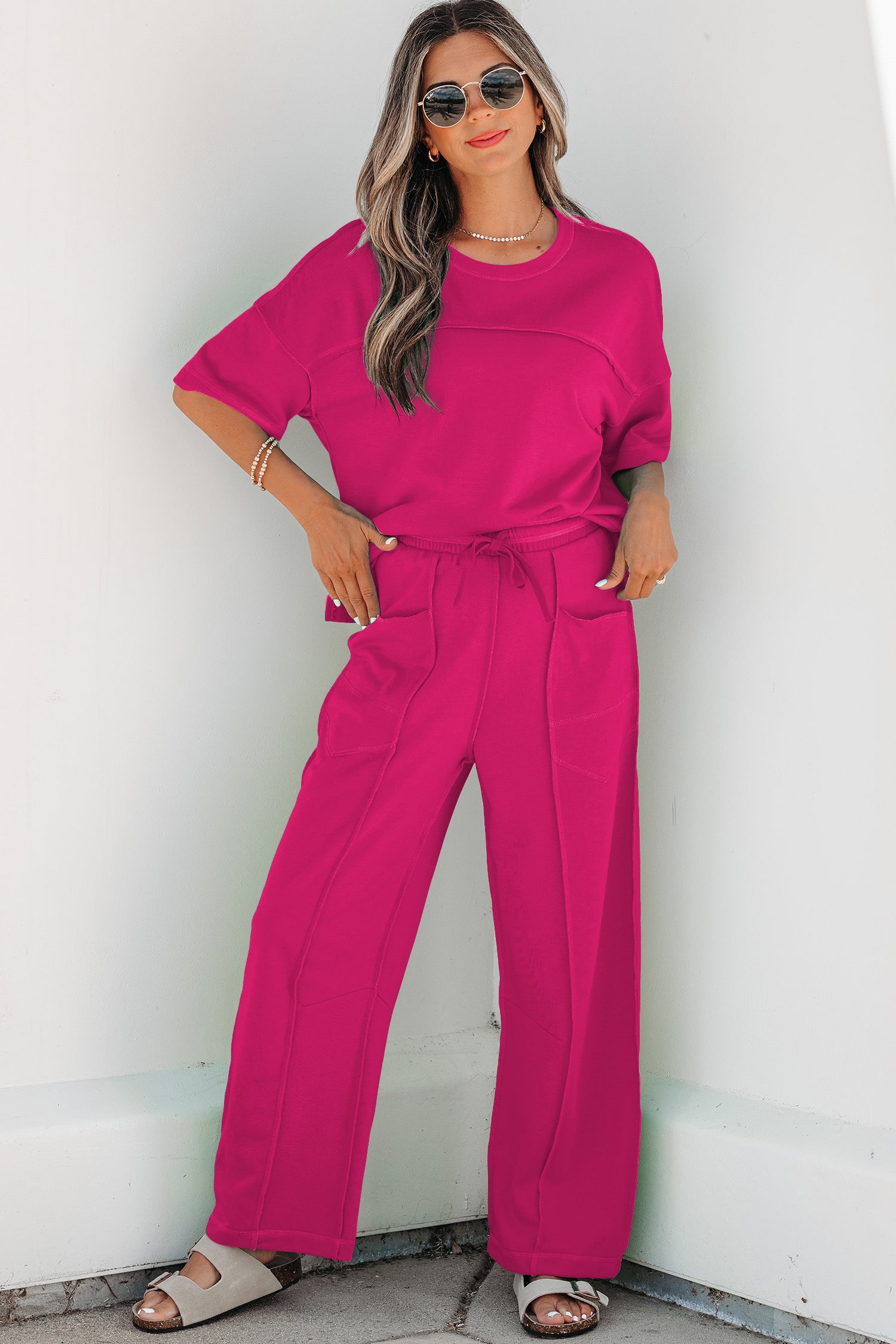 Sky Blue Drop Shoulder Boxy Tee and Barrel Pants Set-Two Piece Sets/Pant Sets-[Adult]-[Female]-2022 Online Blue Zone Planet