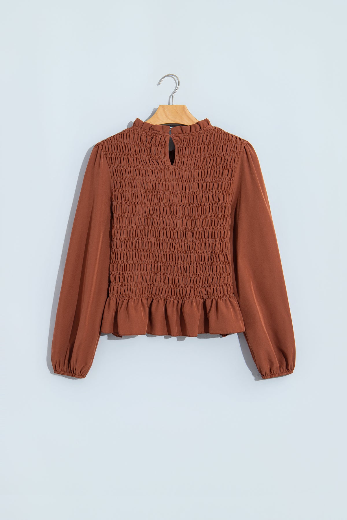 Bright Green Solid Color Smocked Ruffle Hem Long Sleeve Blouse-Tops/Blouses & Shirts-[Adult]-[Female]-2022 Online Blue Zone Planet