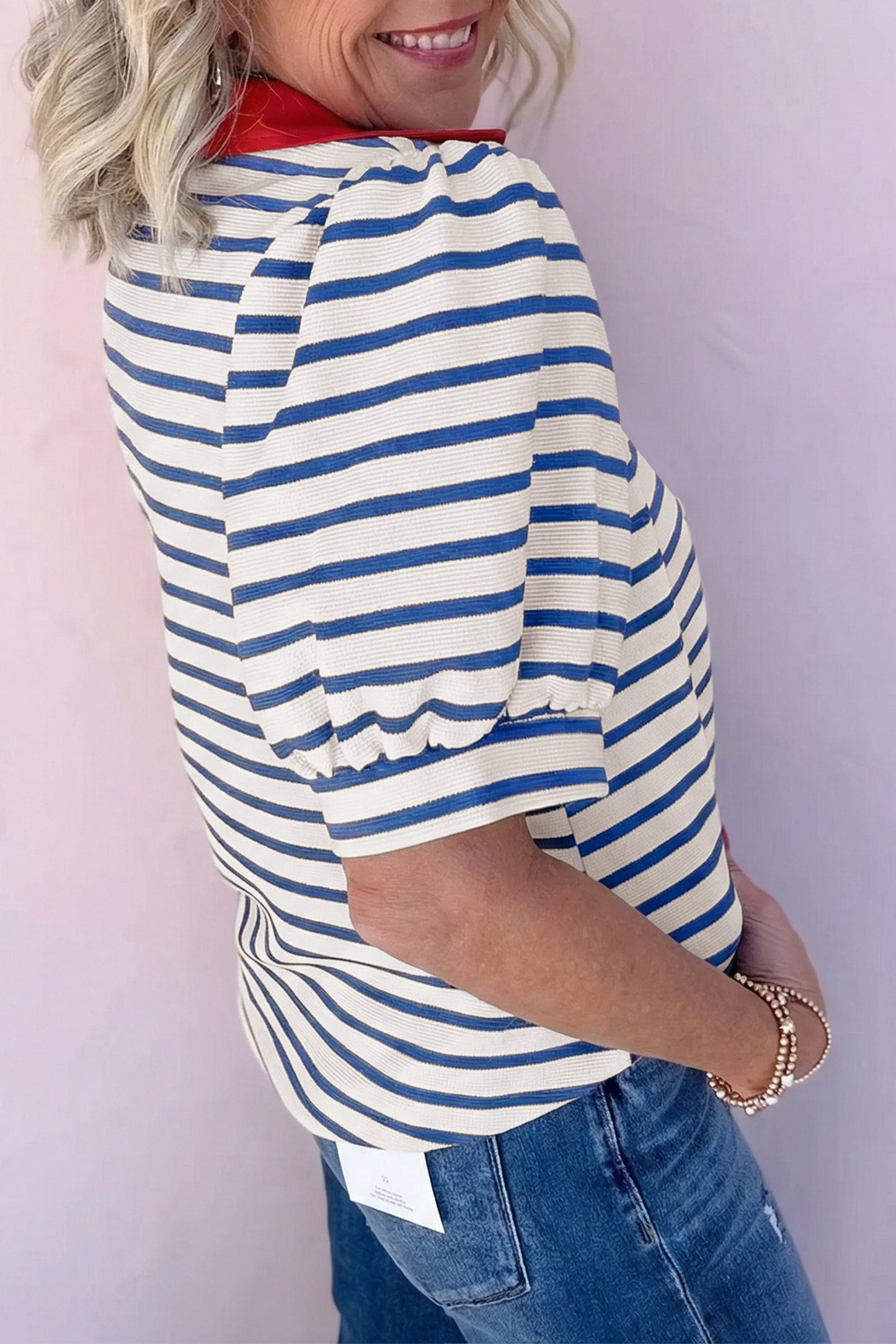 Blue Stripe Short Puff Sleeve Color Block Polo Collar Blouse-Tops/Blouses & Shirts-[Adult]-[Female]-2022 Online Blue Zone Planet