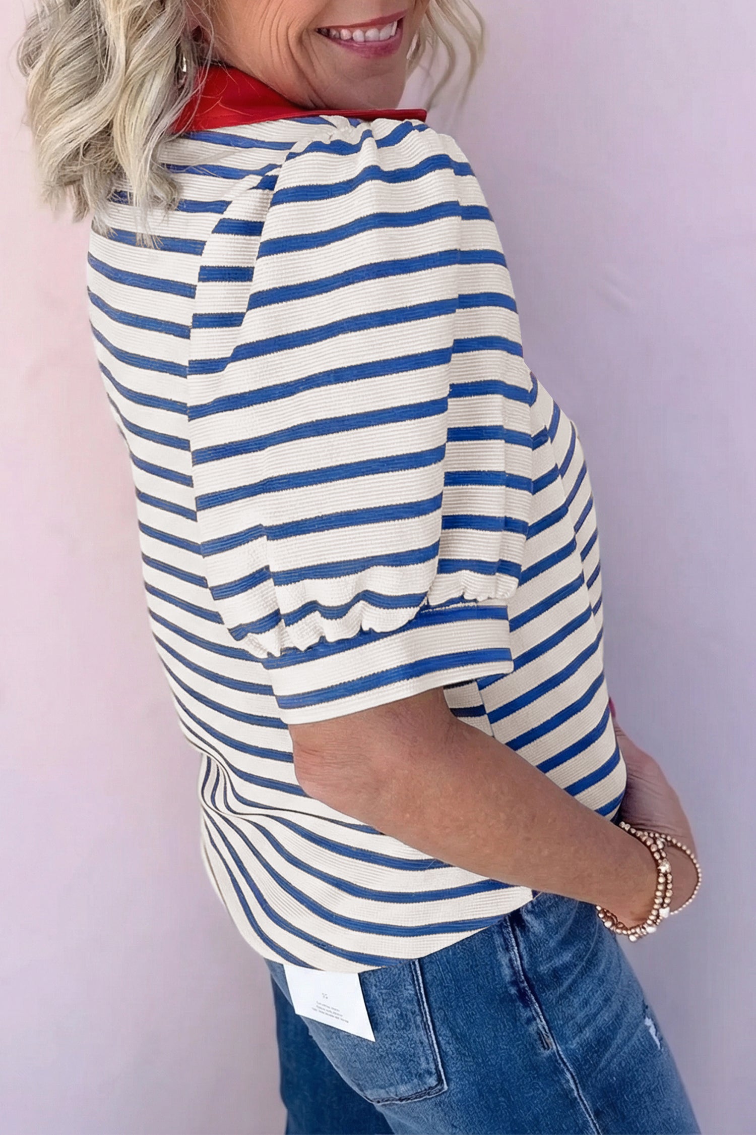 Blue Stripe Short Puff Sleeve Color Block Polo Collar Blouse-Tops/Blouses & Shirts-[Adult]-[Female]-2022 Online Blue Zone Planet