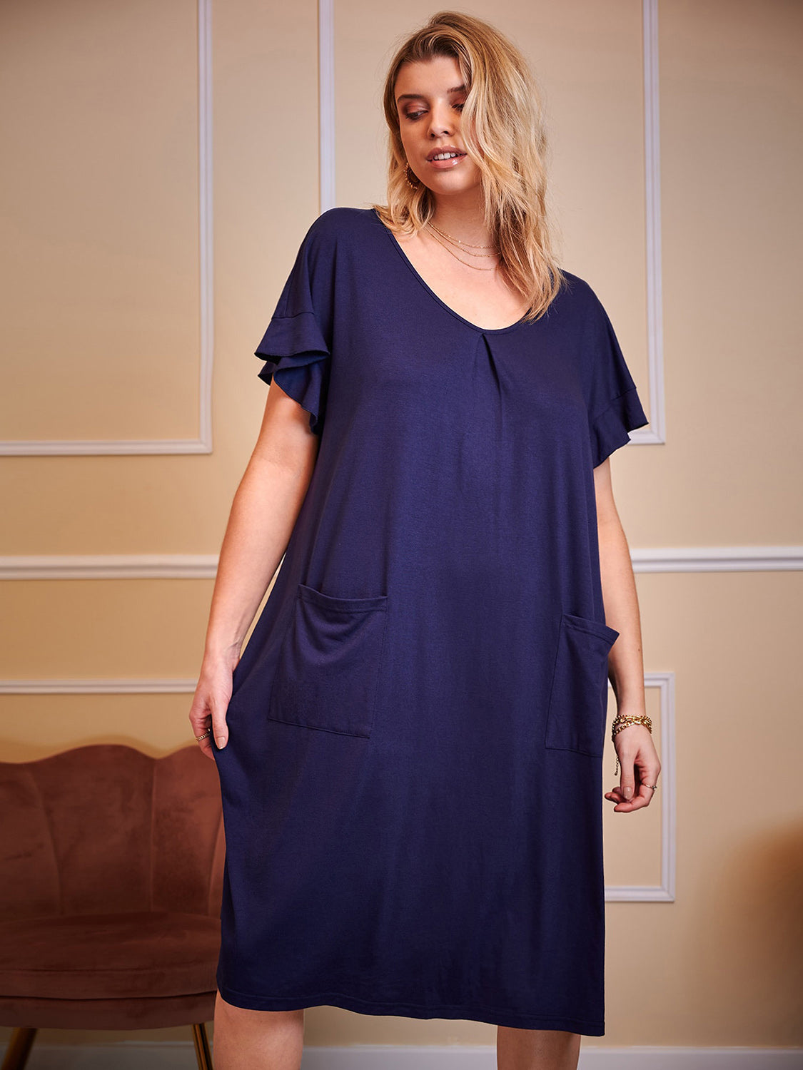 Plus Size Round Neck Short Sleeve Lounge Dress-TOPS / DRESSES-[Adult]-[Female]-2022 Online Blue Zone Planet