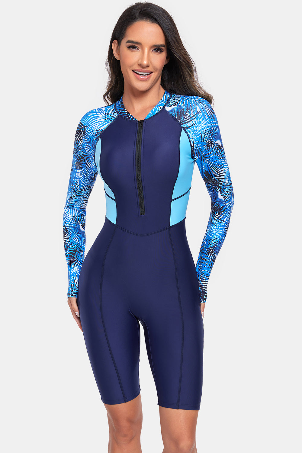 Printed Half Zip Long Sleeve One-Piece Swimwear-TOPS / DRESSES-[Adult]-[Female]-2022 Online Blue Zone Planet