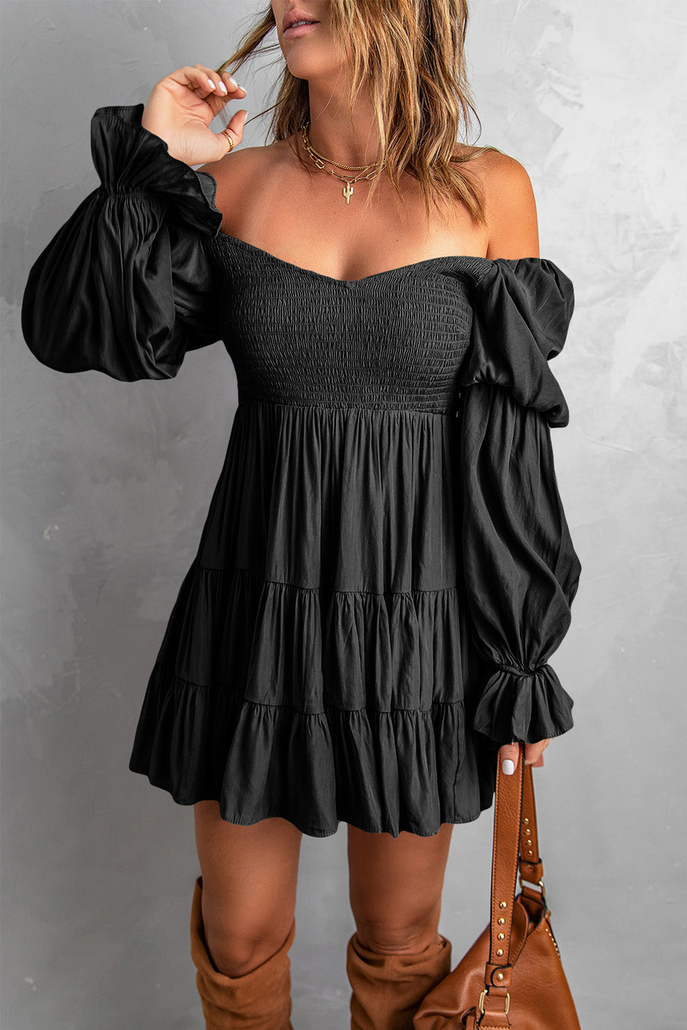 Brown Boho Solid Shirred Ruffle Mini Dress-Dresses/Mini Dresses-[Adult]-[Female]-Black-S-2022 Online Blue Zone Planet