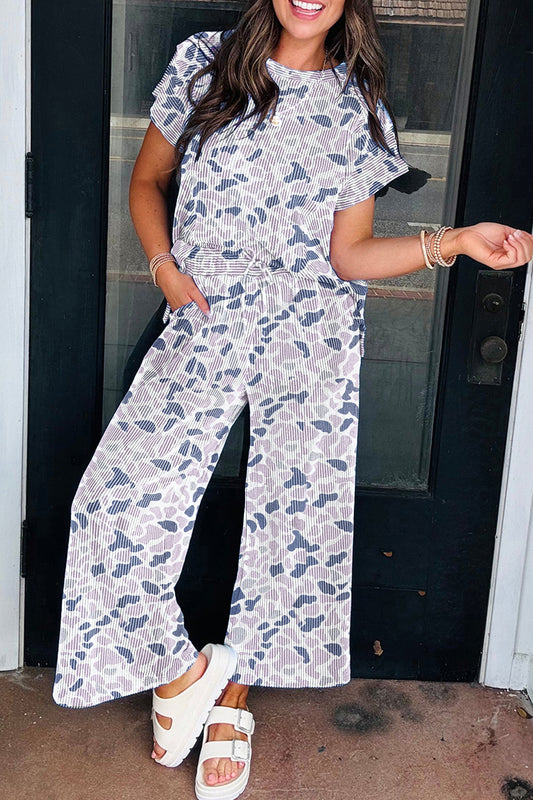 Beige Camouflage Print Twisted Rib Loose Tee Drawstring Pants Set-Two Piece Sets/Pant Sets-[Adult]-[Female]-Beige-S-2022 Online Blue Zone Planet