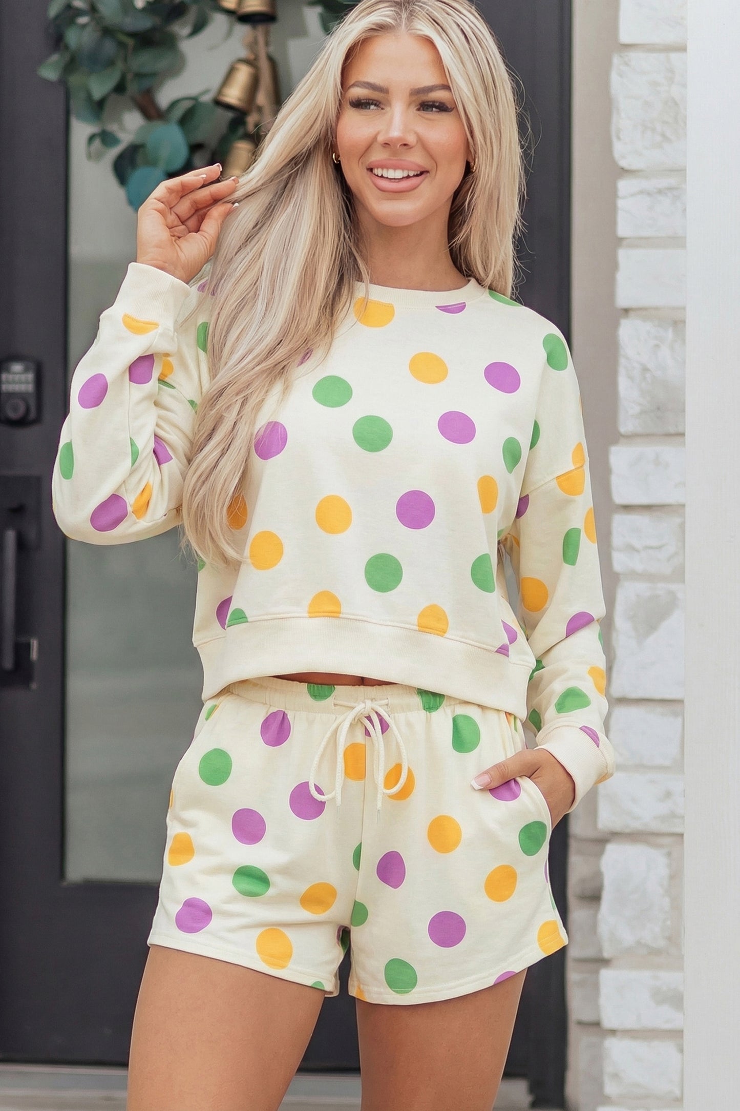 Multicolour Polka Dot Print Drop Shoulder Pullover Drawstring Shorts Set-Two Piece Sets/Short Sets-[Adult]-[Female]-2022 Online Blue Zone Planet