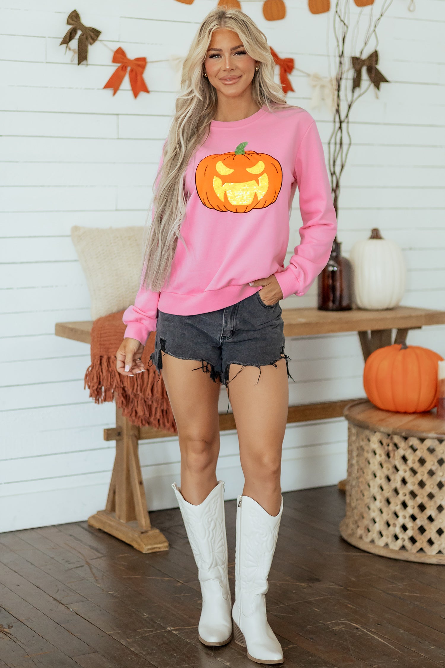 Pink Embroidered Pumpkin Face Long Sleeve Round Neck Sweatshirt-Tops/Sweatshirts & Hoodies-[Adult]-[Female]-2022 Online Blue Zone Planet