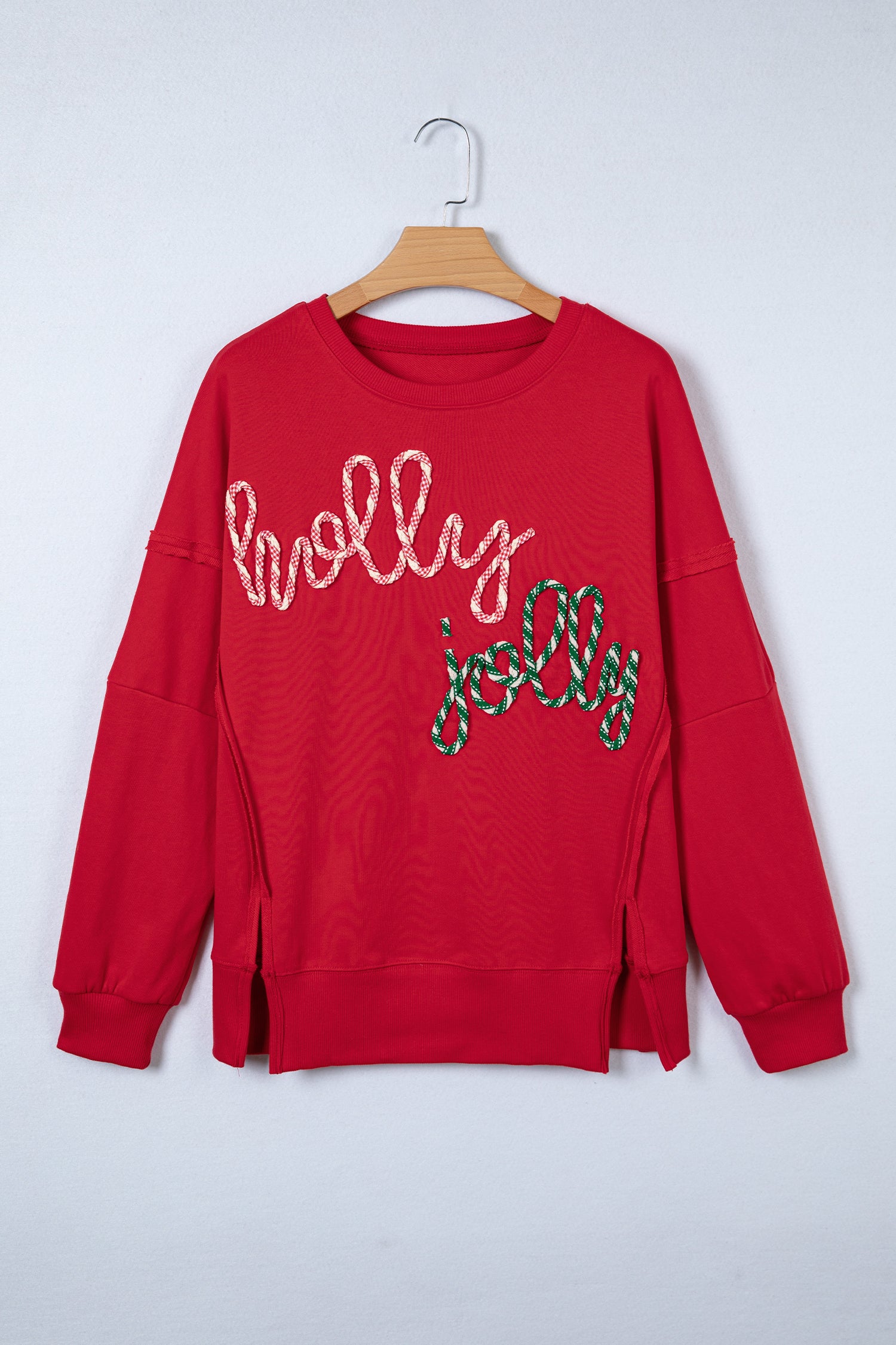 Racing Red Holly Jolly Embroidered Graphic Baggy Sweatshirt-Tops/Sweatshirts & Hoodies-[Adult]-[Female]-2022 Online Blue Zone Planet