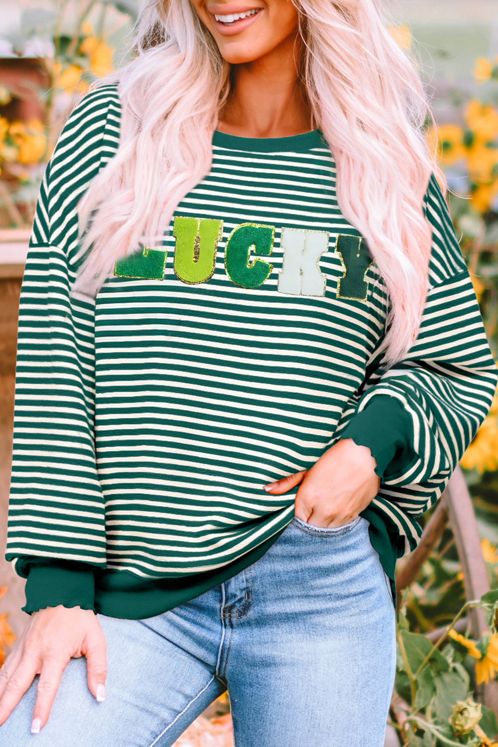 Green Stripe Chenille LUCKY Patched Pattern St Patrick Long Sleeve Top-Graphic/Graphic Long Sleeve Tees-[Adult]-[Female]-2022 Online Blue Zone Planet