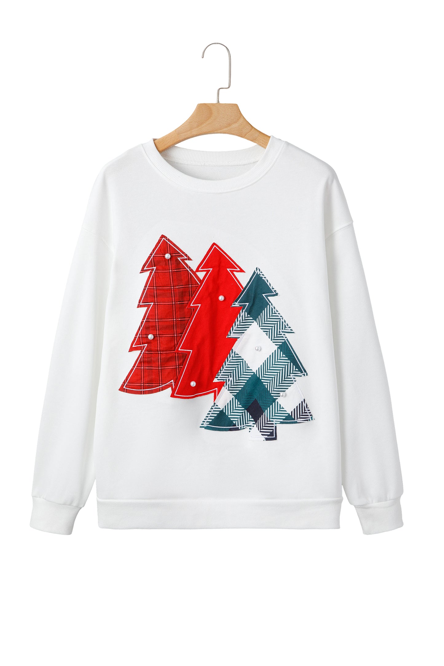White Pearl Plaid Christmas Tree Patched Drop Shoulder Sweatshirt-Tops/Sweatshirts & Hoodies-[Adult]-[Female]-2022 Online Blue Zone Planet