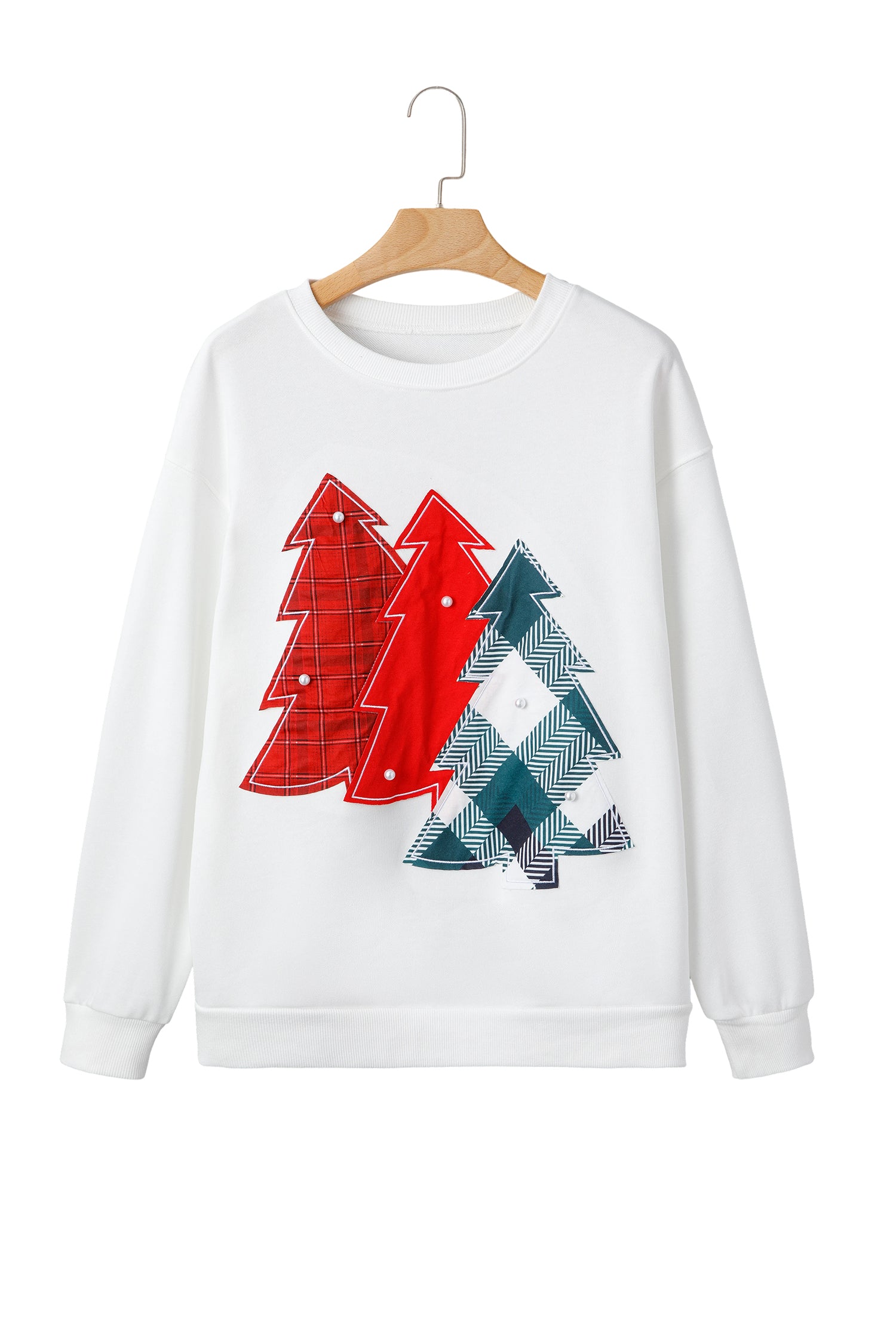 White Pearl Plaid Christmas Tree Patched Drop Shoulder Sweatshirt-Tops/Sweatshirts & Hoodies-[Adult]-[Female]-2022 Online Blue Zone Planet
