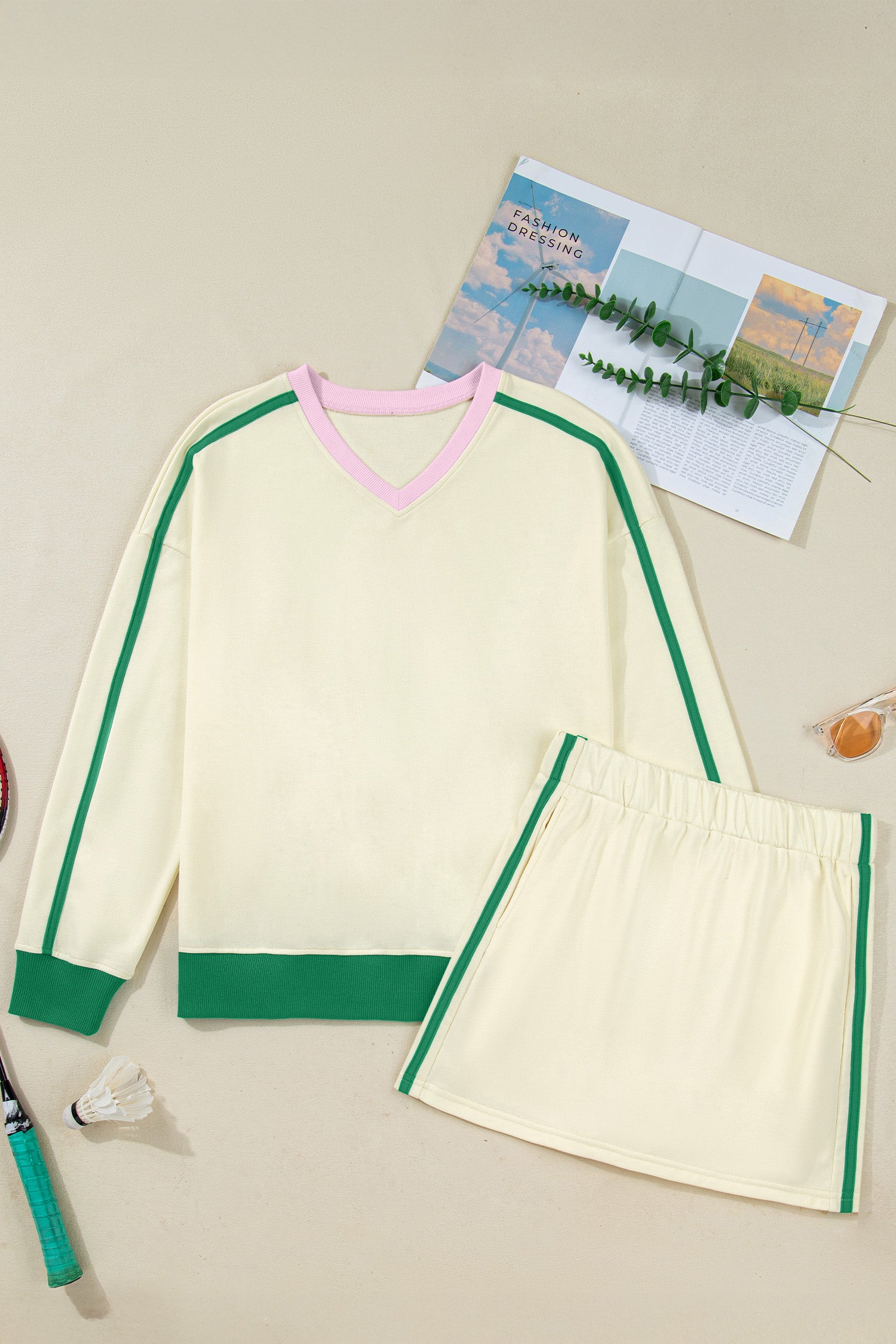 Beige Ribbed Colorblock Trim V Neck Sporty Pullover Mini Skort 2pcs Athleisure Set-Two Piece Sets/Two Piece Dresses-[Adult]-[Female]-2022 Online Blue Zone Planet