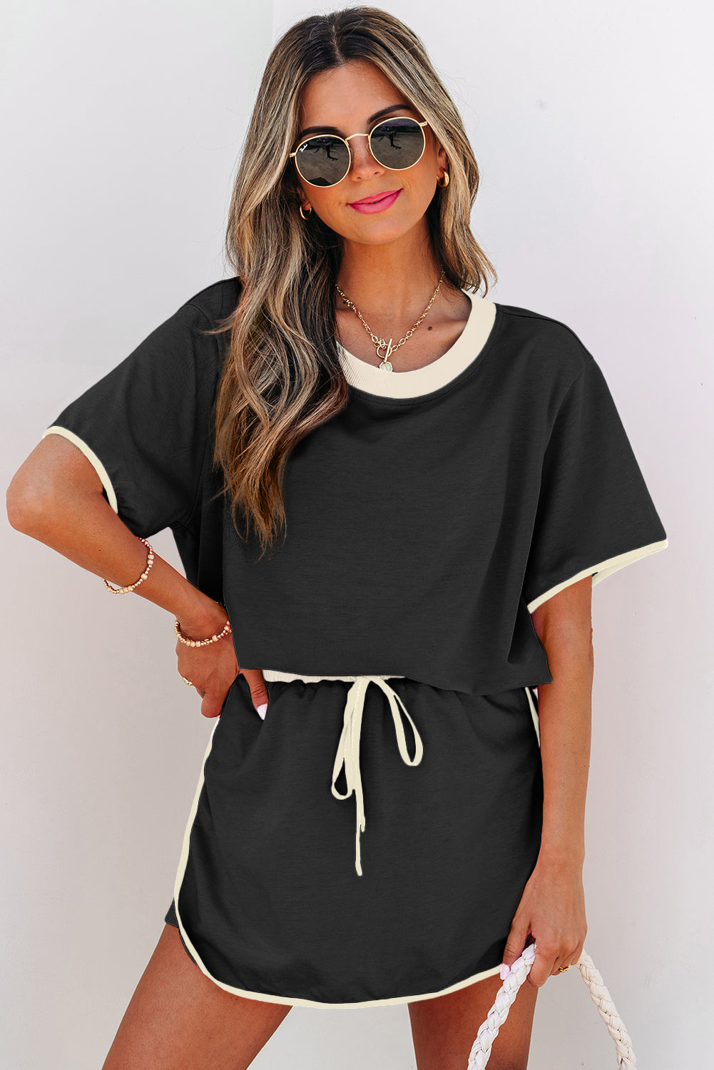 Black Colorblock Edge Drop Shoulder T Shirt and Skort 2Pcs Set-Two Piece Sets/Two Piece Dresses-[Adult]-[Female]-2022 Online Blue Zone Planet