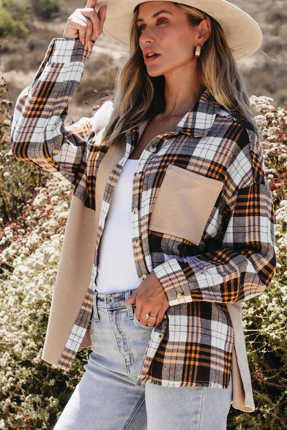 Pocketed Plaid Collared Neck Dropped Shoulder Shacket-TOPS / DRESSES-[Adult]-[Female]-2022 Online Blue Zone Planet