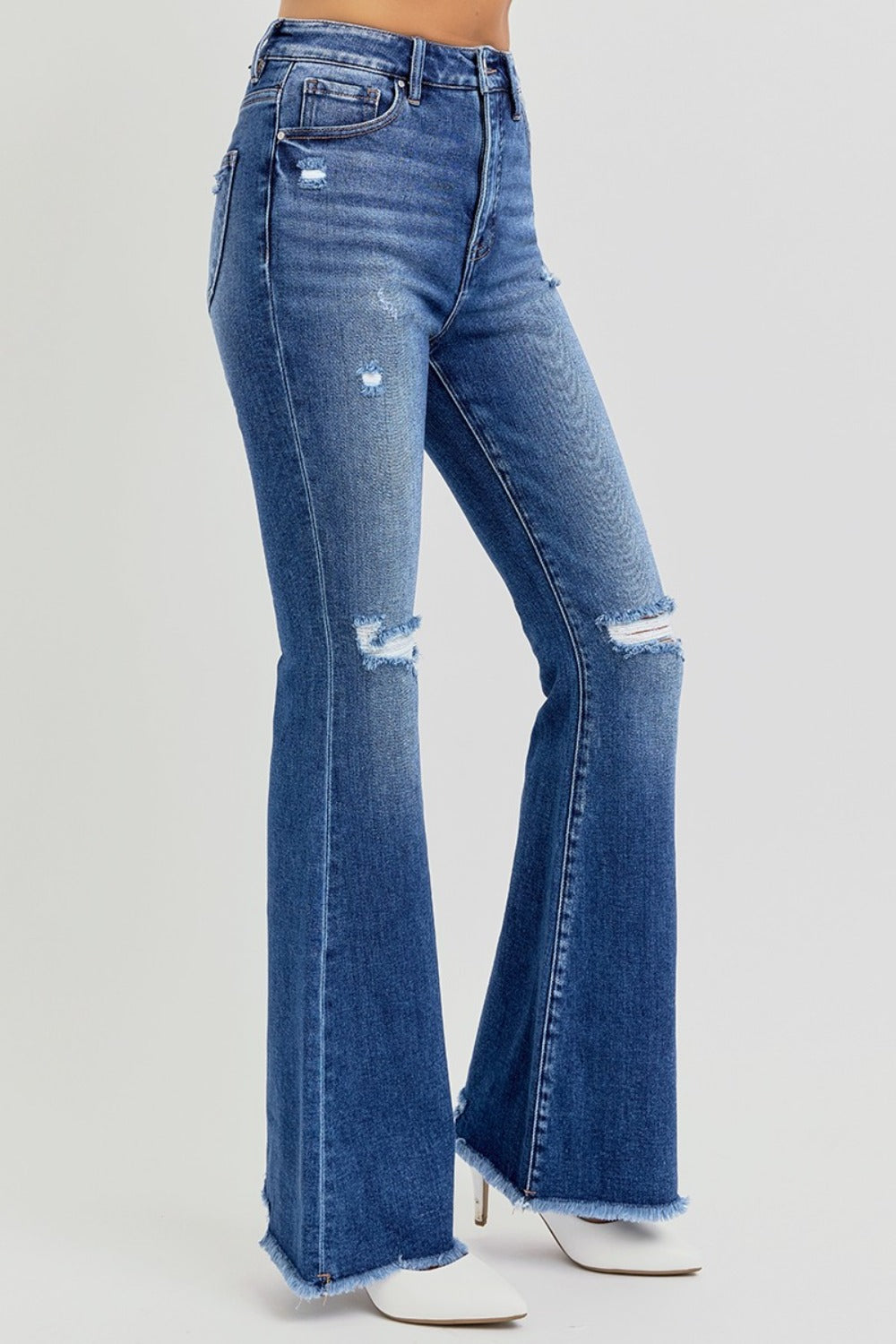 RISEN Full Size High Rise Distressed Raw Hem Flare Jeans-BOTTOMS SIZES SMALL MEDIUM LARGE-[Adult]-[Female]-2022 Online Blue Zone Planet