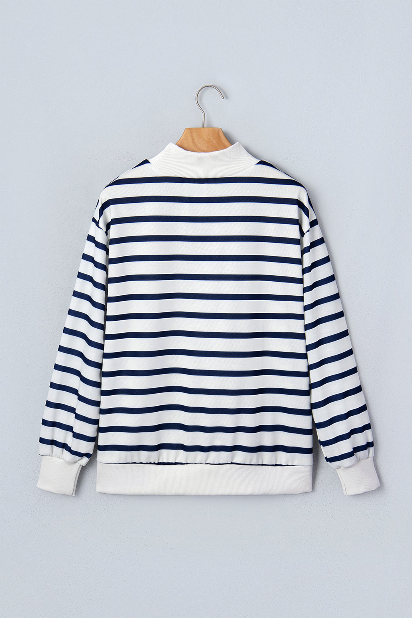 Blue Stripe Striped Stand Neck Long Sleeve Ribbed Cuff Hem Sweatshirt