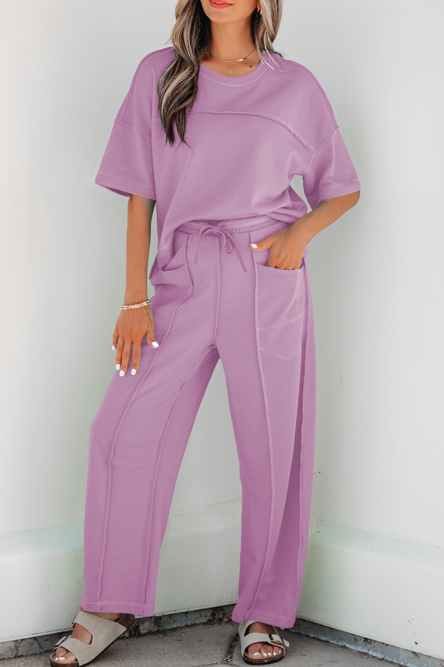 Sky Blue Drop Shoulder Boxy Tee and Barrel Pants Set-Two Piece Sets/Pant Sets-[Adult]-[Female]-2022 Online Blue Zone Planet