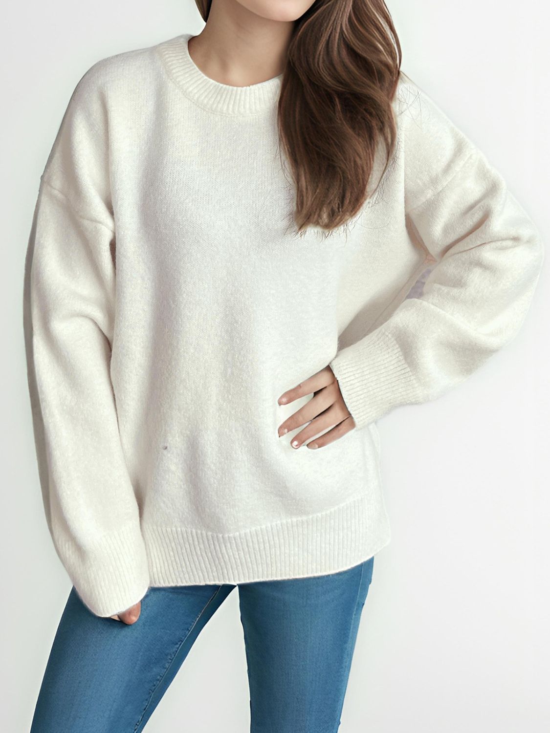 Round Neck Dropped Shoulder Long Sleeve Sweater-TOPS / DRESSES-[Adult]-[Female]-2022 Online Blue Zone Planet