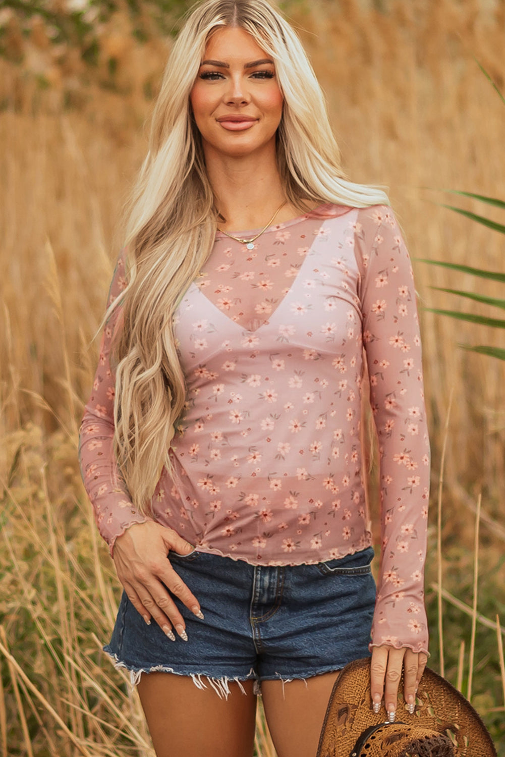 Sky Blue Vintage Floral Print Southern Style Mesh Long Sleeve Top-Tops/Long Sleeve Tops-[Adult]-[Female]-2022 Online Blue Zone Planet
