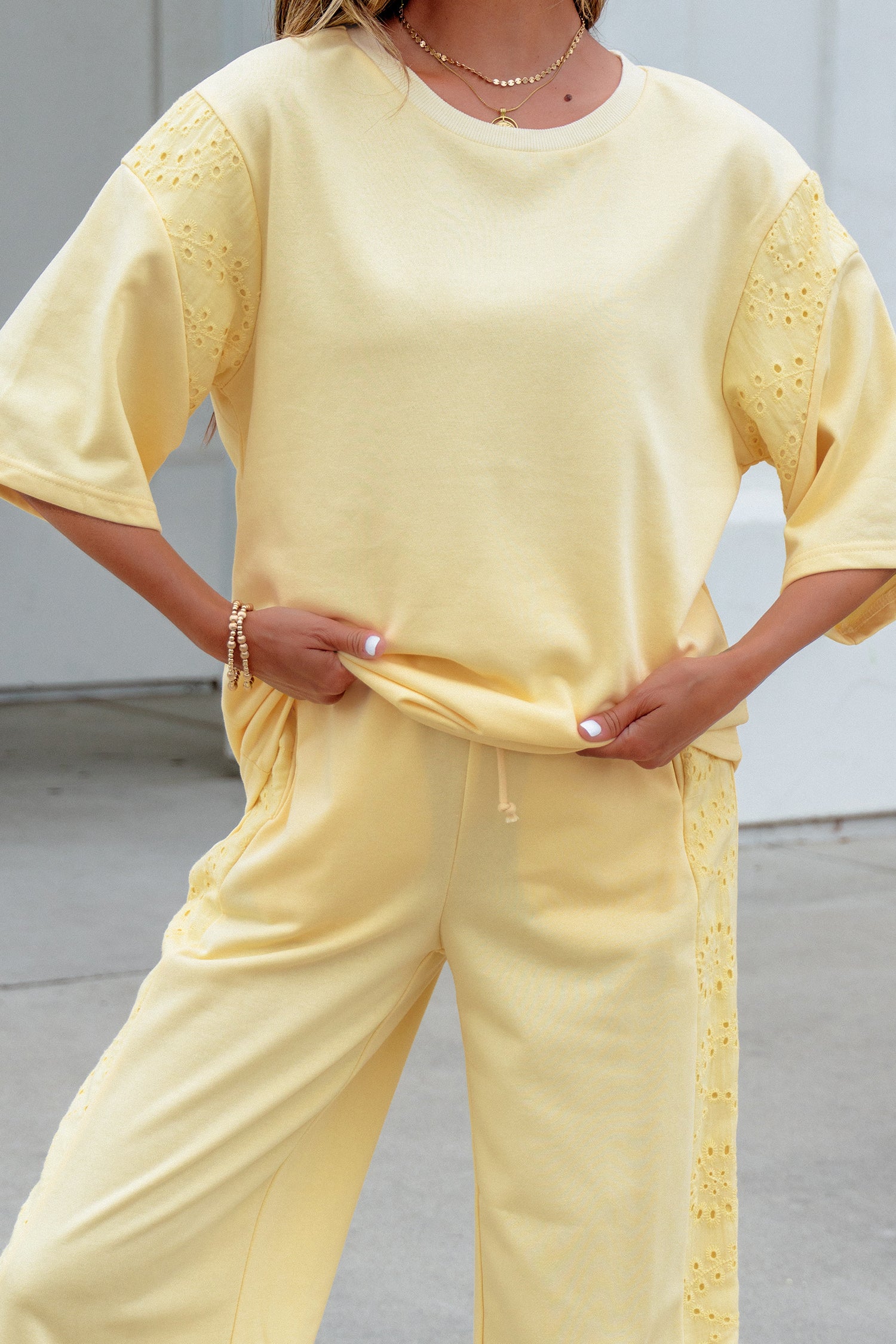 Light Green Lace Patchwork Half Sleeve Top Elastic Waist Pants Two Piece Set-Two Piece Sets/Pant Sets-[Adult]-[Female]-2022 Online Blue Zone Planet
