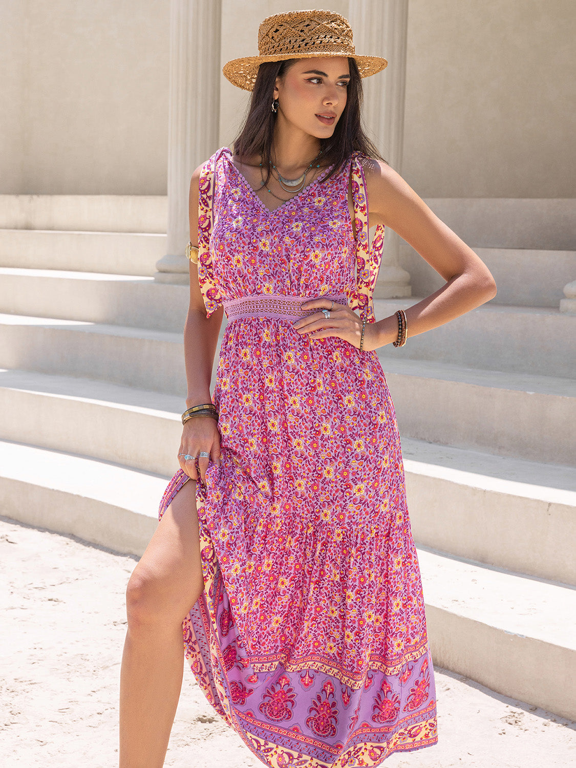 Tied Printed V-Neck Sleeveless Dress-TOPS / DRESSES-[Adult]-[Female]-Fuchsia Pink-S-2022 Online Blue Zone Planet