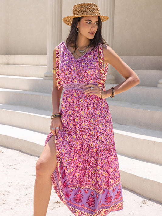 Tied Printed V-Neck Sleeveless Dress-TOPS / DRESSES-[Adult]-[Female]-Fuchsia Pink-S-2022 Online Blue Zone Planet