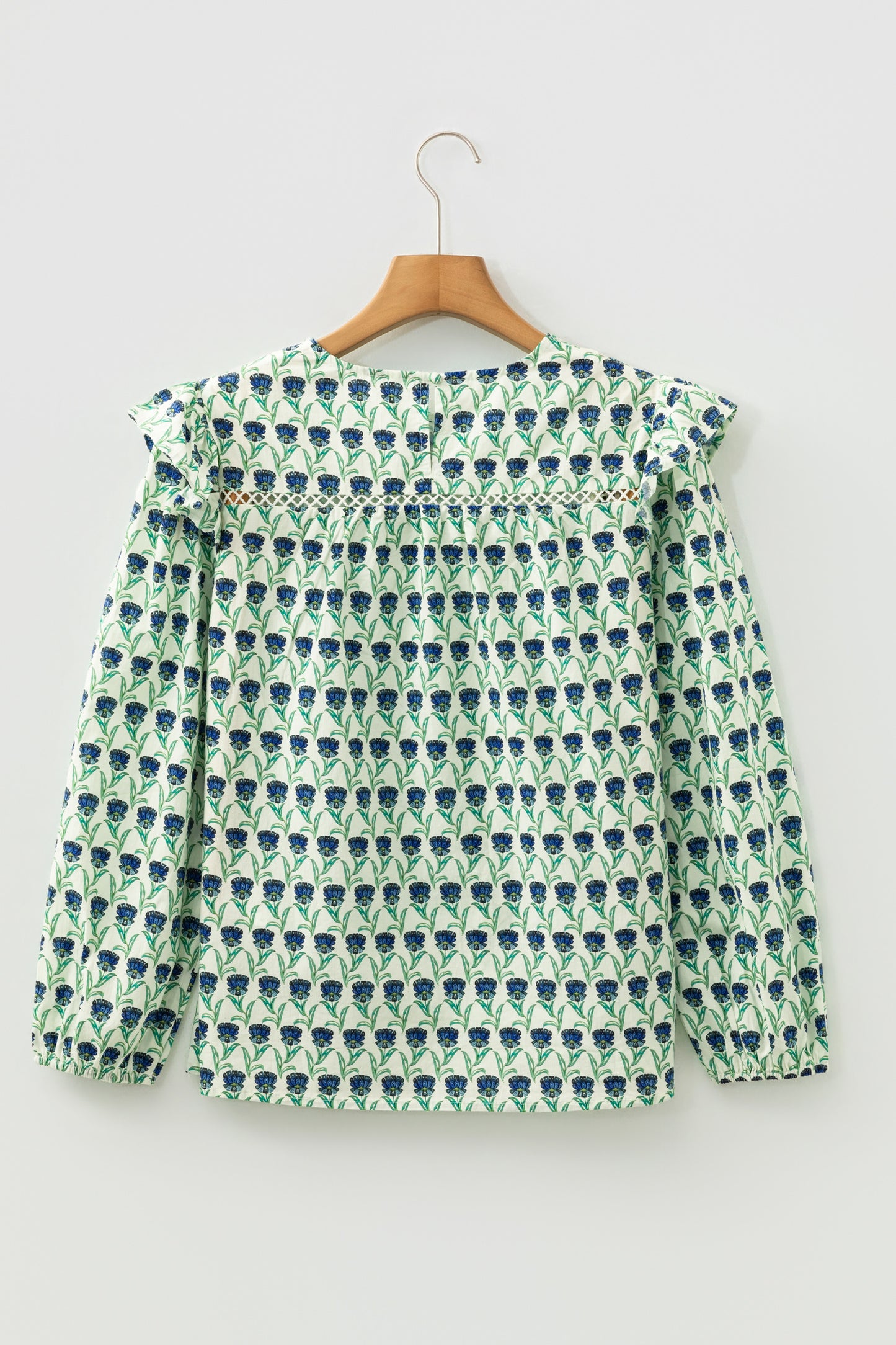 Green Floral Print Lace Detail Ruffle Trim Long Sleeve Blouse-Tops/Blouses & Shirts-[Adult]-[Female]-2022 Online Blue Zone Planet