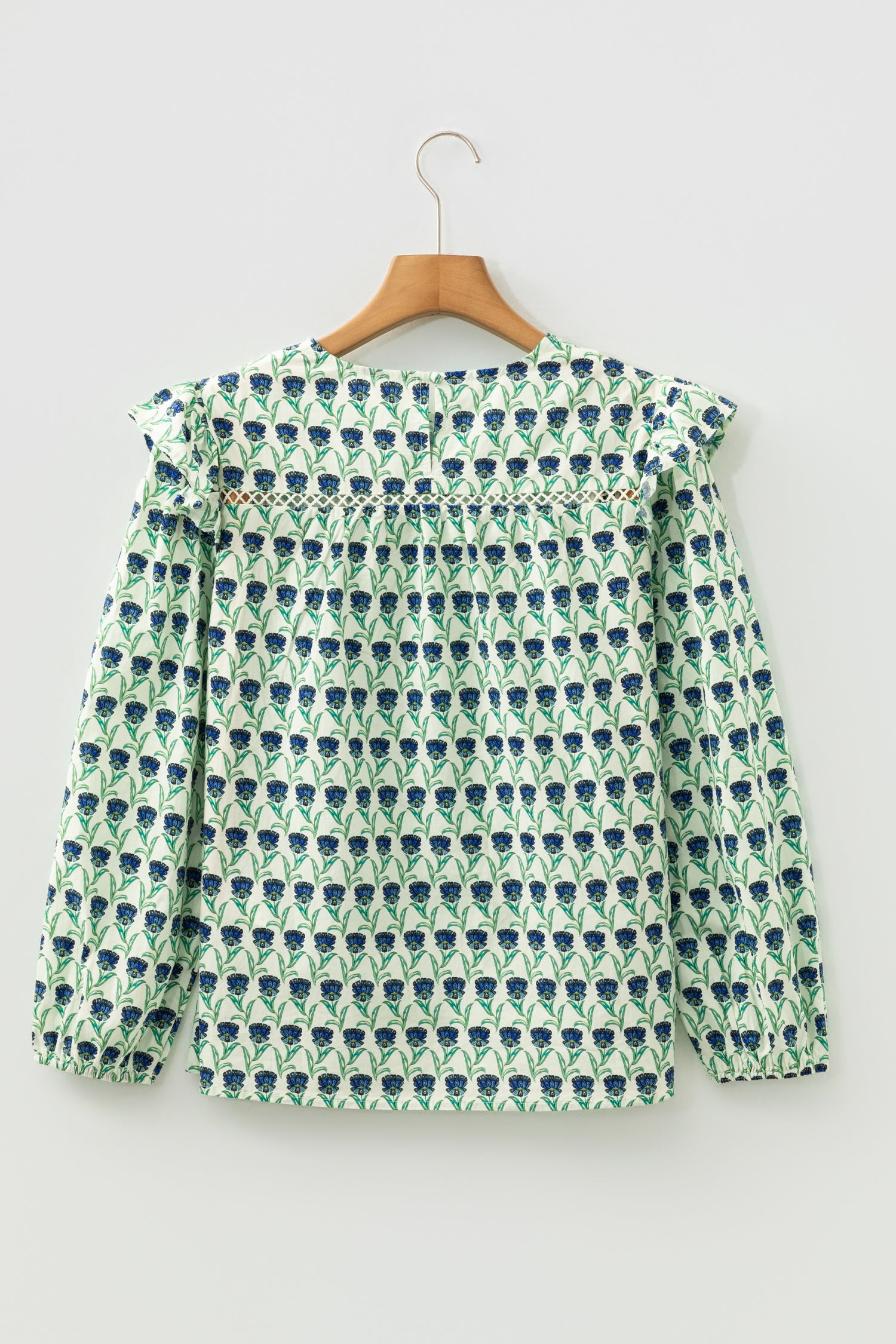 Green Floral Print Lace Detail Ruffle Trim Long Sleeve Blouse-Tops/Blouses & Shirts-[Adult]-[Female]-2022 Online Blue Zone Planet