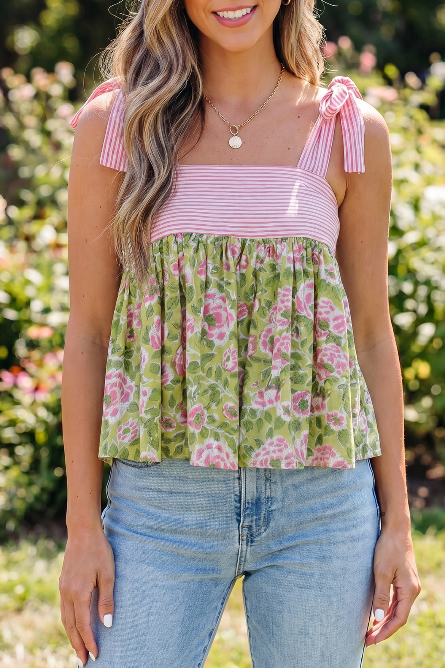 Green Floral Printed Knot Straps Babydoll Tank Top-Tops/Tank Tops-[Adult]-[Female]-Green-S-2022 Online Blue Zone Planet