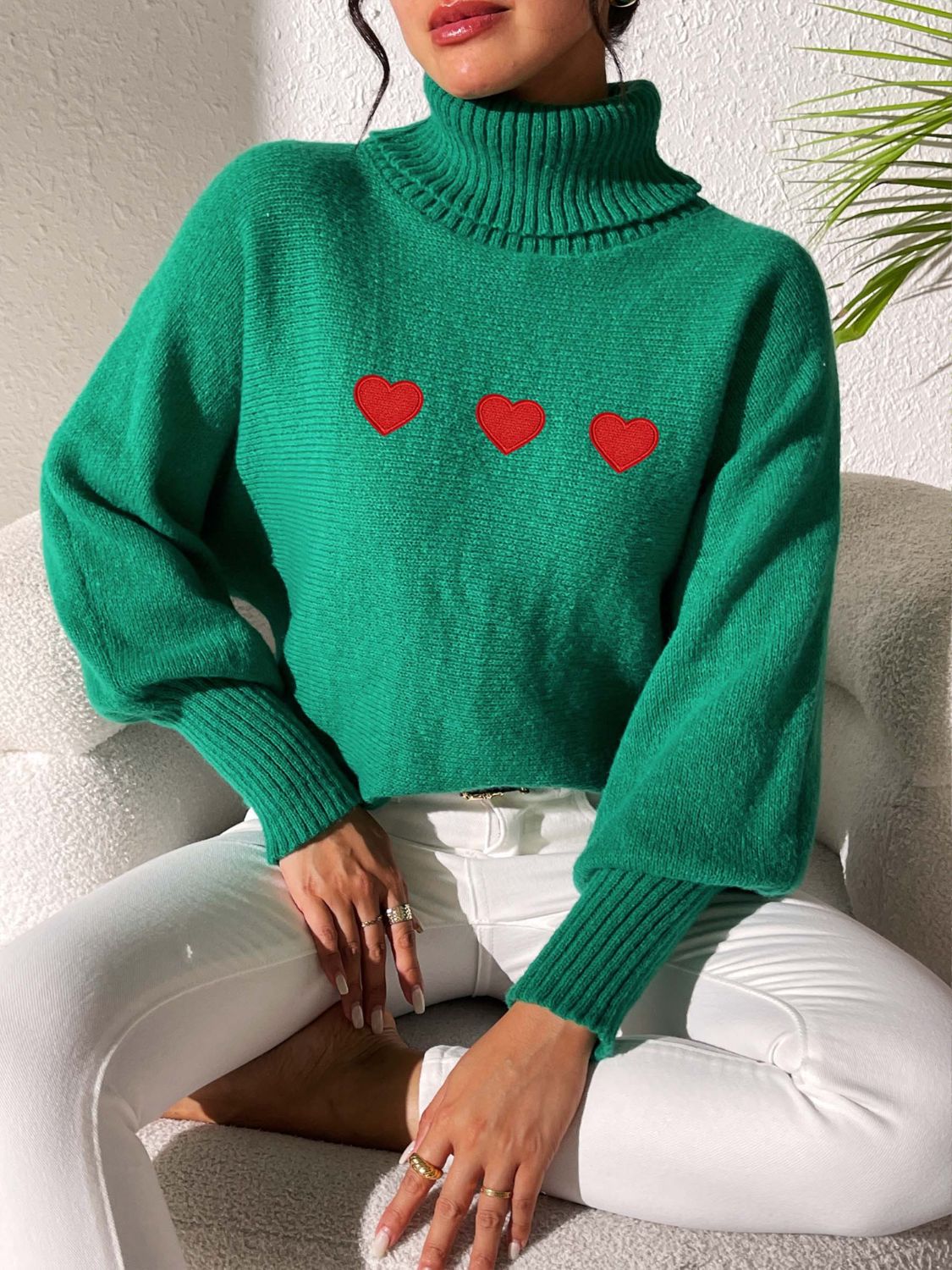 Heart Turtleneck Long Sleeve Sweater-TOPS / DRESSES-[Adult]-[Female]-2022 Online Blue Zone Planet