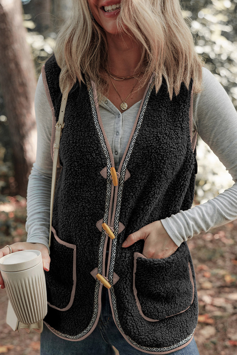 Dark Grey Sherpa Contrast Trim Patch Pocket Cartridge Toggle Button Vest-Outerwear/Vests-[Adult]-[Female]-Dark Grey-S-2022 Online Blue Zone Planet