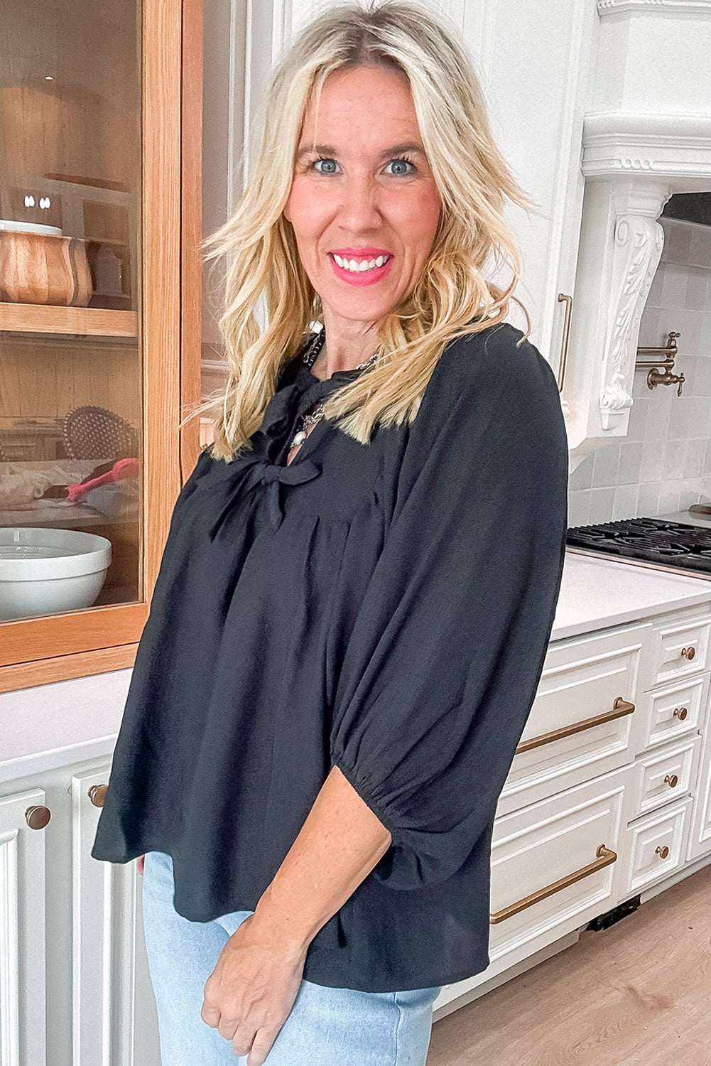Black Bow Tie Neck 3/4 Sleeve Casual Blouse-Tops/Blouses & Shirts-[Adult]-[Female]-2022 Online Blue Zone Planet