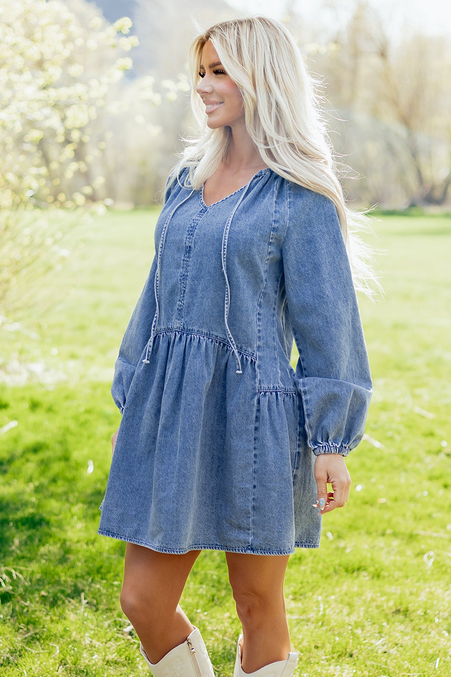 Myosotis Puff Sleeve V Neck Ruffled Loose Denim Mini Dress-TOPS / DRESSES-[Adult]-[Female]-2022 Online Blue Zone Planet
