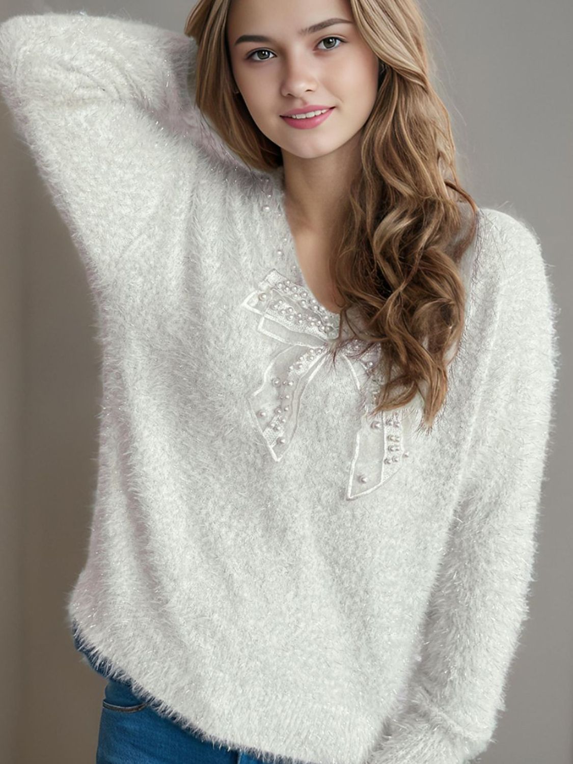 Bow Pearl Detail V-Neck Long Sleeve Sweater-TOPS / DRESSES-[Adult]-[Female]-White-One Size-2022 Online Blue Zone Planet