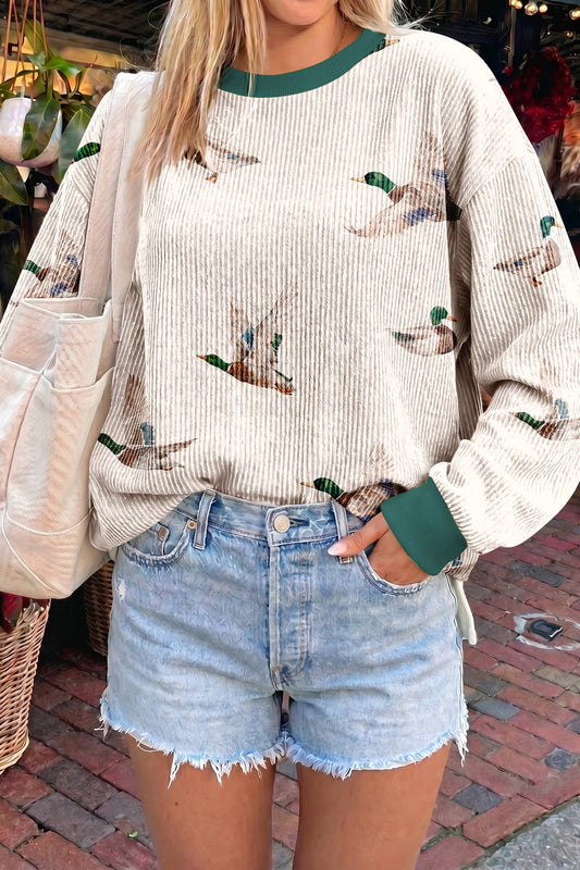 Beige Twisted Ribbed Duck Print Crewneck Casual Pullover Top-Tops/Long Sleeve Tops-[Adult]-[Female]-2022 Online Blue Zone Planet