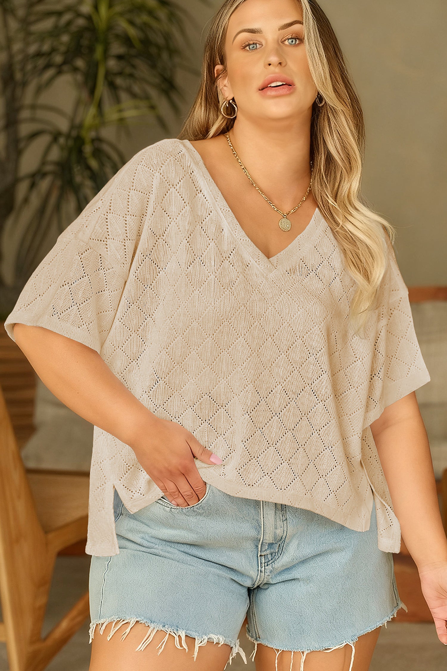 Golden Fleece Pointelle Rhombus Knit Plus Size V Neck Loose Top-Plus Size/Plus Size Tops/Plus Size Tops & Tees-[Adult]-[Female]-2022 Online Blue Zone Planet