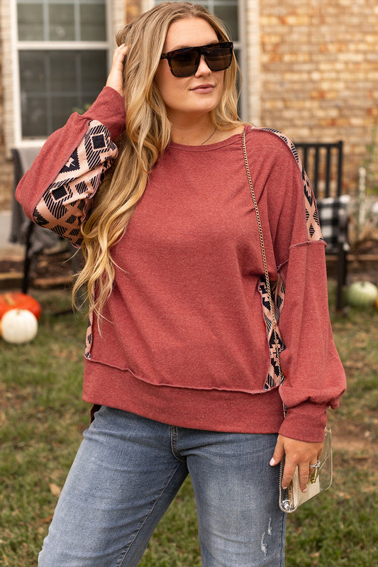 Redwood Burl Aztec Patchwork Drop Shoulder Plus Size High Low Sweatshirt-Plus Size/Plus Size Sweatshirts & Hoodies-[Adult]-[Female]-Redwood Burl-1X-2022 Online Blue Zone Planet