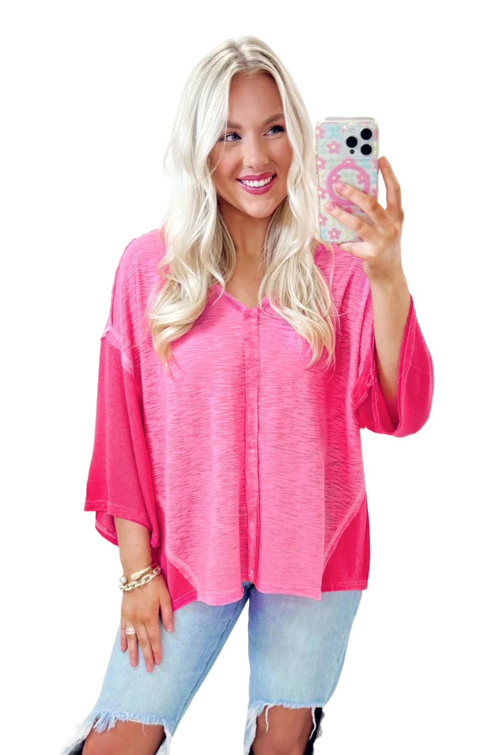 Sachet Pink V-Neck Exposed Seam Patchwork Top-T Shirts-[Adult]-[Female]-2022 Online Blue Zone Planet