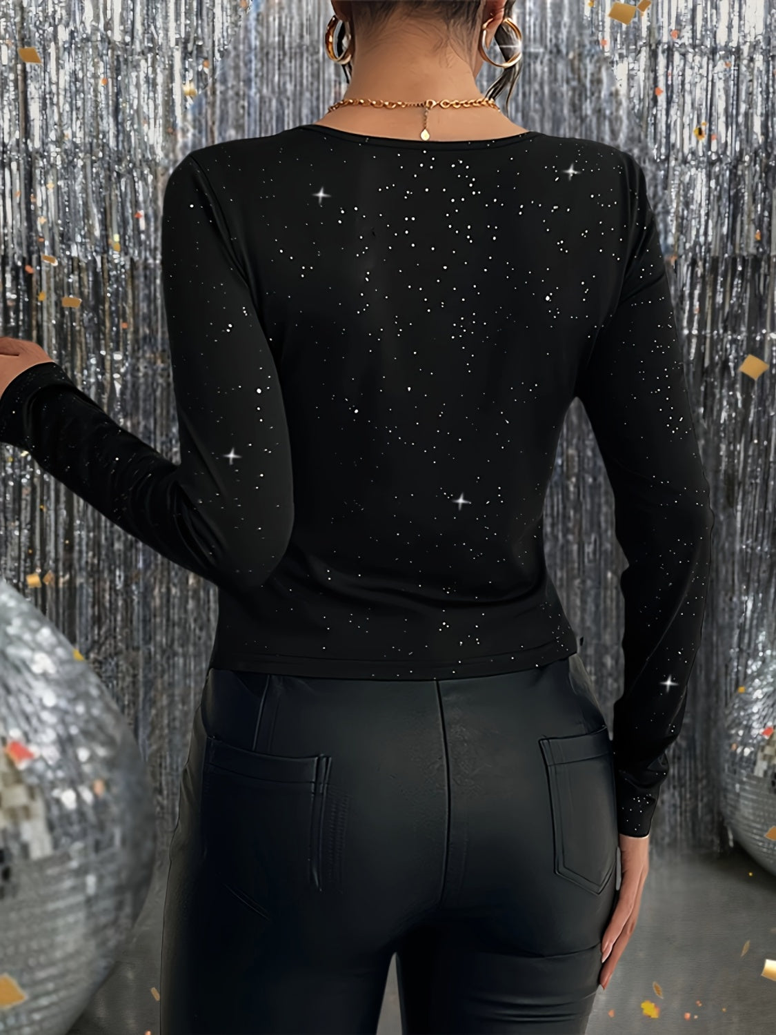 Glitter Round Neck Long Sleeve T-Shirt-TOPS / DRESSES-[Adult]-[Female]-2022 Online Blue Zone Planet