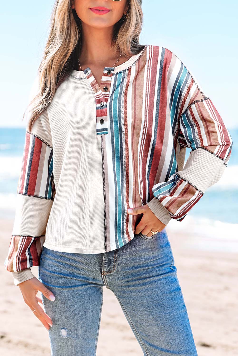 Beige Striped Waffle Patchwork Exposed Seam Raw Edge Casual Knit Top-Tops/Blouses & Shirts-[Adult]-[Female]-2022 Online Blue Zone Planet