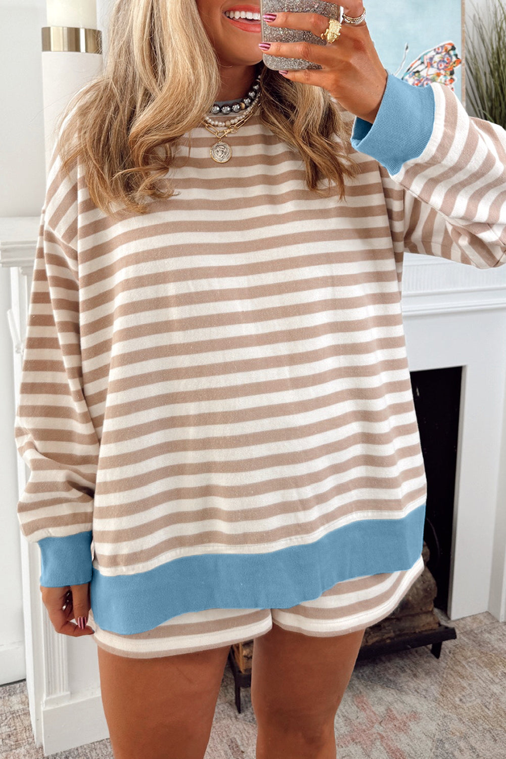 Khaki Stripe Contrast Edge Drop Shoulder Pullover and Shorts Plus Size Set-Plus Size/Plus Size Loungewear-[Adult]-[Female]-Khaki Stripe-1X-2022 Online Blue Zone Planet
