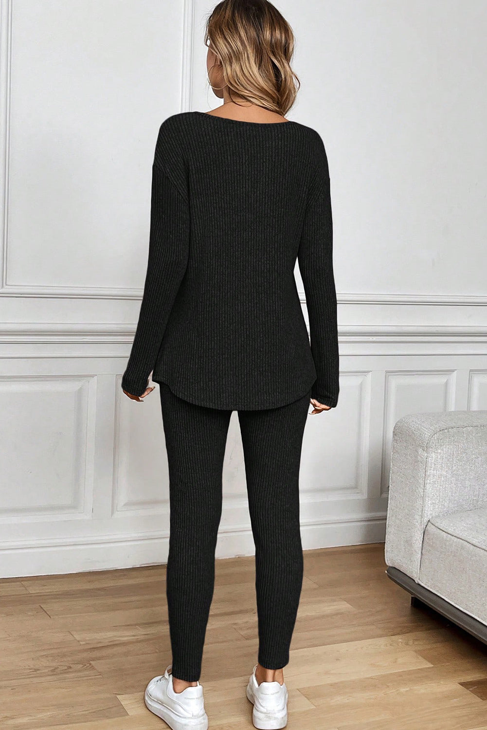 Black Ribbed Notched Neck Knit Long Sleeve Leggings Two Pieces Lounge Set-Loungewear & Sleepwear/Loungewear-[Adult]-[Female]-2022 Online Blue Zone Planet