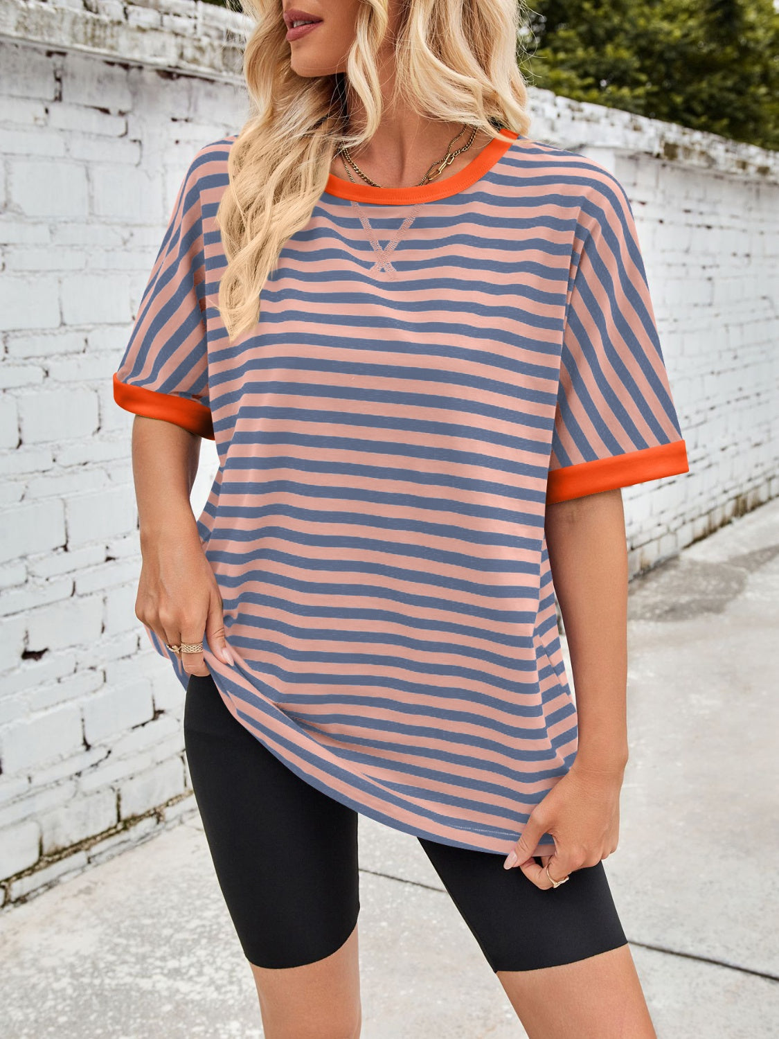 Lovelet Striped Round Neck Half Sleeve T-Shirt-TOPS / DRESSES-[Adult]-[Female]-2022 Online Blue Zone Planet