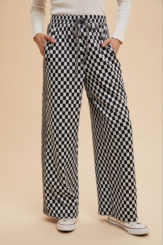 Annie Wear Drawstring Checkered Wide Leg Pants-BOTTOM SIZES SMALL MEDIUM LARGE-[Adult]-[Female]-Black-S-2022 Online Blue Zone Planet