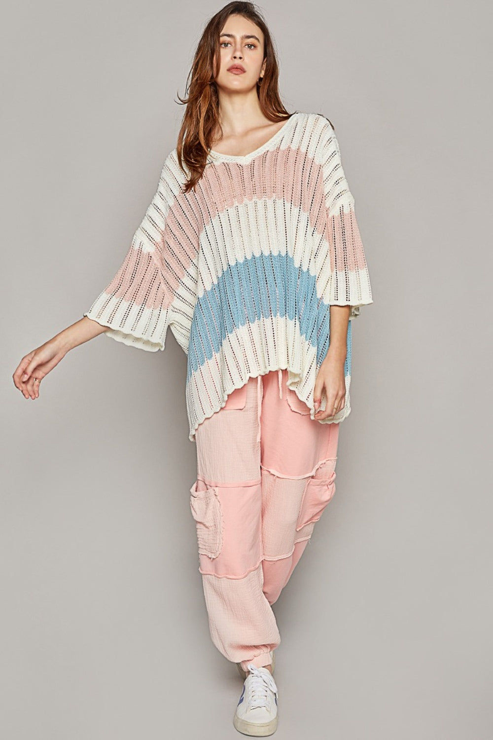 Blue Zone Planet | POL V-Neck Short Sleeve Stripe Weave Sweater-TOPS / DRESSES-[Adult]-[Female]-2022 Online Blue Zone Planet