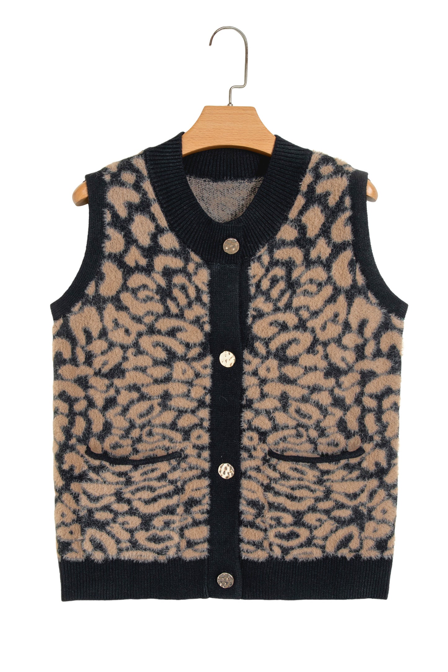 Pink Leopard Print Knit Sleeveless Regular Wash Sweater Vest-Sweaters & Cardigans/Sweater Vests-[Adult]-[Female]-2022 Online Blue Zone Planet