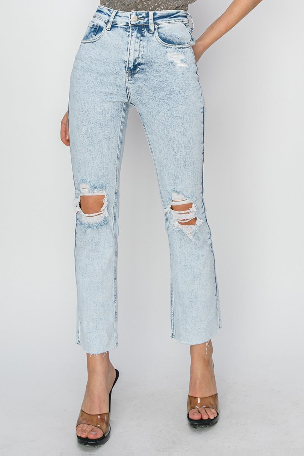 Blue Zone Planet | RISEN High Rise Distressed Ankle Jeans-BOTTOMS SIZES SMALL MEDIUM LARGE-[Adult]-[Female]-Acid Light-0-2022 Online Blue Zone Planet