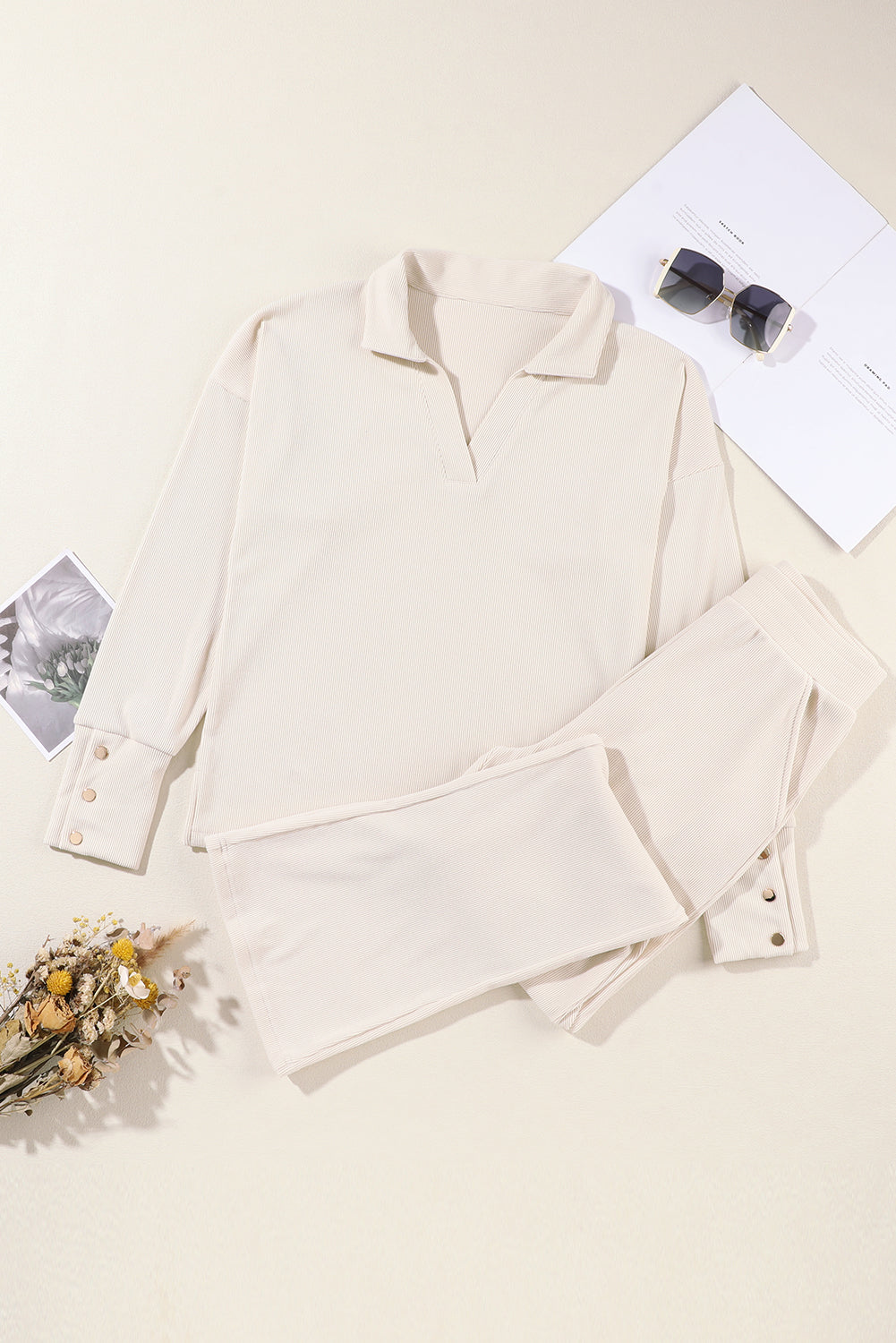 Beige Collared Split Neck Ribbed 2pcs Athleisure Outfit-Two Piece Sets/Pant Sets-[Adult]-[Female]-2022 Online Blue Zone Planet