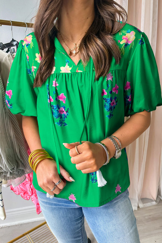 Green Floral Detail Tie Split Neck Short Sleeve Blouse-Tops/Blouses & Shirts-[Adult]-[Female]-Green-S-2022 Online Blue Zone Planet